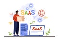 SaaS, software as service, tiny man with digital app box, online subscription platform