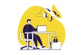 SaaS web concept with flat people for website design. Man using software as a service, making optimization between laptop and Royalty Free Stock Photo