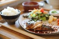 Saba fish teriyaki with rice soup and salad , Japanese food Royalty Free Stock Photo
