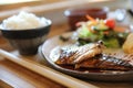 Saba fish teriyaki with rice soup and salad on wooden tray , Japanese food Royalty Free Stock Photo