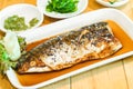 Saba or mackerel fish grilled with soy sauce with black and white sesame Royalty Free Stock Photo