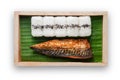 Saba or mackerel grilled and sushi sprinkled with black sesame seeds on a wooden tray Royalty Free Stock Photo