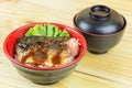 Saba Teriyaki Don Rice on white bowl, Japanese food traditional Royalty Free Stock Photo