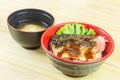 Saba Teriyaki Don Rice on white bowl, Japanese food traditional Royalty Free Stock Photo