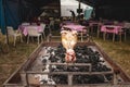 SABAC, SERBIA - SEPTEMBER 16, 2023: Selective blur on Heads of roasted lambs and muttons, on traditional grill of Serbia in