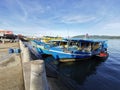 Outdoor scenery during day time with fisherman boats and ships near Todak Waterfront.Selective focus.