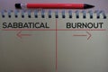 Sabbatical or Burnout written with book concept on the office desk