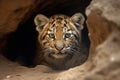 A sabertoothed tiger peered out of its cave its piercing eyes scanning the horizon for potential danger.. AI generation