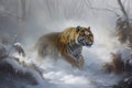 A sabertoothed tiger prowled through an icy landscape its breath forming a plume of steam in the chill air.. AI