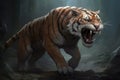 A sabertoothed tiger sprang from the shadows its razorsharp canines gleaming as it unleashed a loud roar.. AI generation