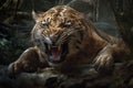 The sabertoothed tigers impressive elongated fangs dug deep into its prey laying claim to its muchneeded feast.. AI