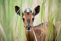 sable antelope calf with budding horns among tall grasses Royalty Free Stock Photo