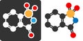Saccharin artificial sweetener molecule, flat icon style. Atoms shown as color-coded circles (oxygen - red, nitrogen - blue,