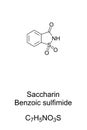 Saccharin, benzoic sulfimide, chemical formula and skeletal structure Royalty Free Stock Photo