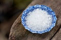 Saccharin or sweetener crystals on an old wood background.top view,flat lay Royalty Free Stock Photo