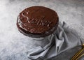 Sacher cake. Traditional Austrian chocolate dessert. Homemade baking. Selective focus, close-up Royalty Free Stock Photo