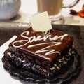 Sacher Torte, an Austrian chocolate cake served at a cafe Royalty Free Stock Photo