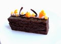 Sacher Torte cake with apricot pieces and orange microwave sponge decoration on white Royalty Free Stock Photo