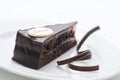 Sacher torte, chocolate tart with swirls on white plate, sweet dessert, patisserie, photography for shop