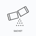 Sachet flat line icon. Vector outline illustration of torn plastic wrapper with sugar powder. Soluble drug thin linear
