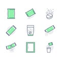 Sachet line icons. Vector illustration included icon as sugar powder packet, soluble pill, effervescent effect outline