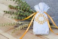 Sachet with ukrainian embroidery, sheaf of wheat and dried herbs Royalty Free Stock Photo