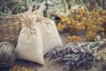 Sachets filled with dried herbs and bunches of healing herbs. Royalty Free Stock Photo