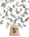 Sack and American dollars on background. Flying money Royalty Free Stock Photo