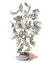 Sack and American dollars on background. Flying money Royalty Free Stock Photo