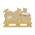 Sack or bag sand and rice seed. Farmer flour and potato pallet brown farming isolated vector illustration. Plant mill wheat
