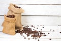 Sack with brown roasted coffee beans. Burlap sack. Scoop with grains Royalty Free Stock Photo