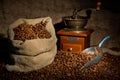 Sack of coffee beans, coffee grinder Royalty Free Stock Photo