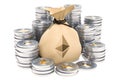 Sack with ethereum symbol and golden coins around, 3D rendering