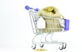 Sack with euro coins in a small shopping cart - economic, savings concept Royalty Free Stock Photo
