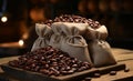 Sack of Flavors: Coffee Beans in Jute, Perfume of the Perfect Aroma.Coffee Beans in Bags, Aromas and Sensations