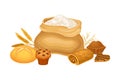 Sack with Flour and Sweet Pastry and Bread Loaf Vector Composition