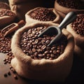 sack of fresh coffee beans with a metal scoop