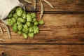 Sack with fresh green hops and wheat ears on wooden table, flat lay. Space for text Royalty Free Stock Photo