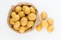 Sack of fresh raw potatoes on wooden background, top view Royalty Free Stock Photo