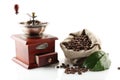 Sack full of coffee beans with green leaves with mill Royalty Free Stock Photo