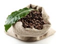 Sack full of coffee beans on white with green leaf Royalty Free Stock Photo