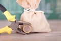 A sack of funds and a pair of pliers holding a euro coin in front of a blackboard with financial graphics