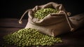 A sack gunny of green mung bean studio shot product presentation food photography