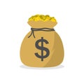 Sack with money. Bag with gold coins of dollars. Icon of moneybag. Symbol of cash for pay. Million of euro - jackpot. Bank is Royalty Free Stock Photo