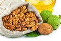 Sack of purified walnut and glass bottle of oil Royalty Free Stock Photo