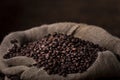 Sack of spilled roasted coffee beans Royalty Free Stock Photo