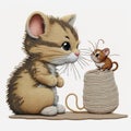 Sackcloth textured tapestry cartoon kitten and mouse. Embroidery animals vector background illustration pattern. Little cat and