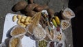 Sacks of beans, grains, fresh fruit and potatoes