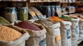 Sacks filled with colorful legumes beautifully displayed at a market, offering variety and healthful options