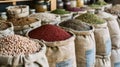 Sacks filled with colorful legumes beautifully displayed at a market, offering variety and healthful options